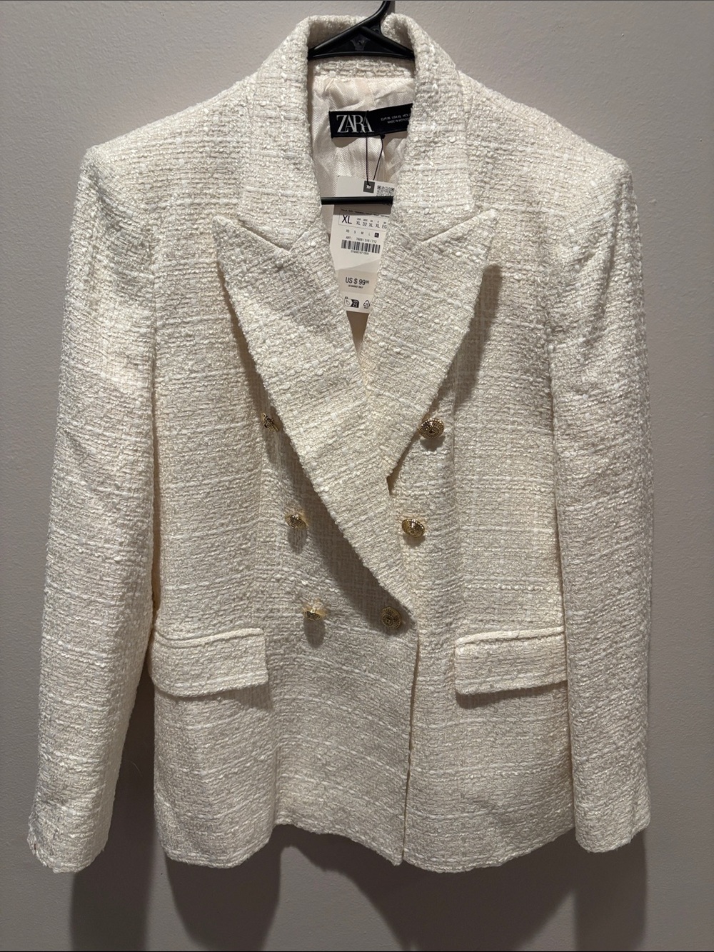 Zara Cream Double-Breasted Tweed Blazer with Gold Buttons